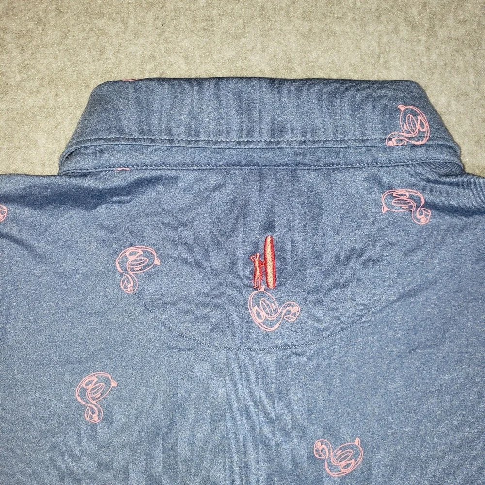 Johnnie-O Flamingo Floaty Polo Shirt Mens Lake Blue Pink Size L Short Sleeve - Picture 10 of 12
